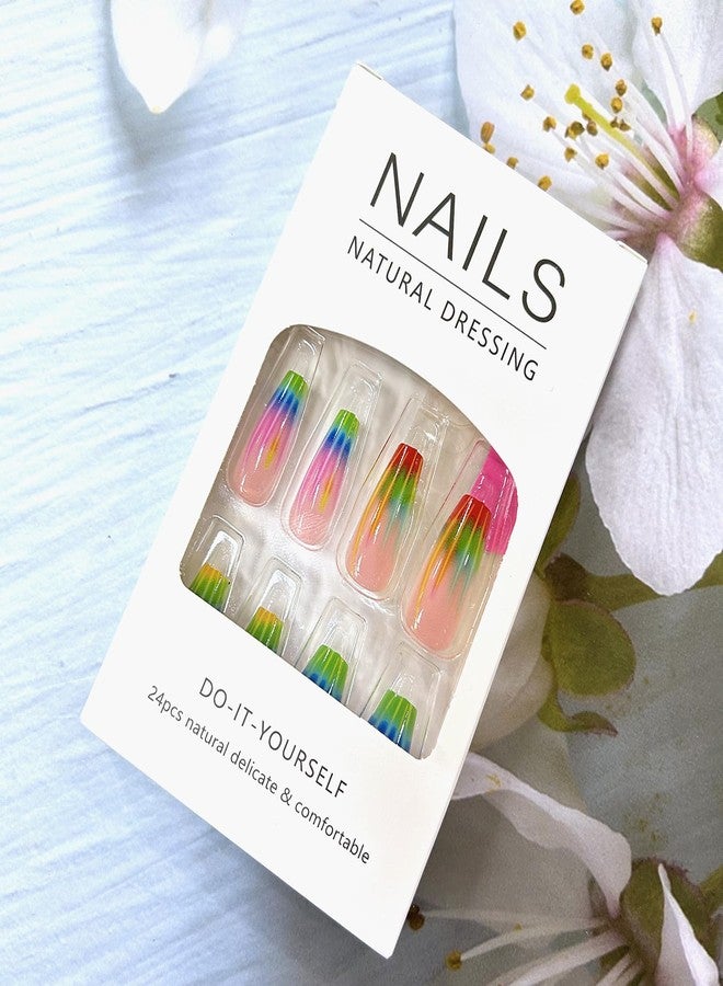 CJDLTS Colorful Stripes Smudge Press on Nails Medium Length Ballet Shaped Full Cover Glossy Nude Pink Acrylic False Nail Ballet Press Ons French Artificial Fingernails DIY Reusable Glue on Nails for Women - Image 4